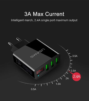 Planet Gates China / US 3USB Black USAMS 2/3 Port USB Phone Charger LED Display EU/US Plug The Max 2.4A Smart Fast Charging Mobile Wall Charger for iPhone iPad