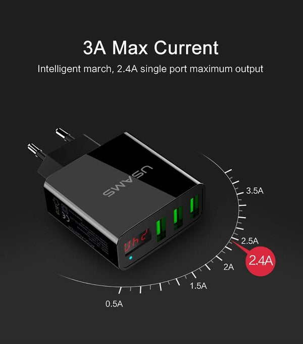 Planet Gates China / US 3USB Black USAMS 2/3 Port USB Phone Charger LED Display EU/US Plug The Max 2.4A Smart Fast Charging Mobile Wall Charger for iPhone iPad