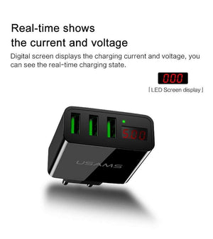 Planet Gates China / US 3USB Black USAMS 2/3 Port USB Phone Charger LED Display EU/US Plug The Max 2.4A Smart Fast Charging Mobile Wall Charger for iPhone iPad