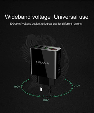Planet Gates China / US 3USB Black USAMS 2/3 Port USB Phone Charger LED Display EU/US Plug The Max 2.4A Smart Fast Charging Mobile Wall Charger for iPhone iPad