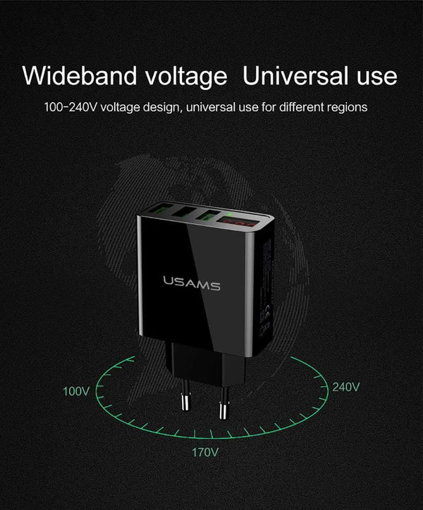 Planet Gates China / US 3USB Black USAMS 2/3 Port USB Phone Charger LED Display EU/US Plug The Max 2.4A Smart Fast Charging Mobile Wall Charger for iPhone iPad