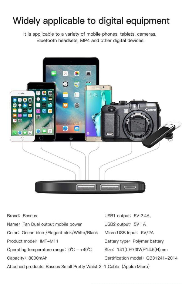 Planet Gates China / White Baseus 8000mAh Power Bank Dual USB Output fast Charge Portable External Battery Charging For iphone X 7 samsung S9 huawei xiaomi