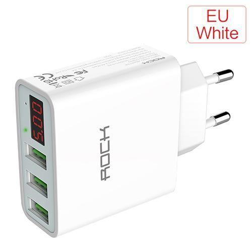 Planet Gates China / White EU Plug ROCK 3A LED Display EU 3 USB Charger Universal Mobile Phone USB Charger Fast Charging Wall Charger For iPhone Samsung Xiaomi