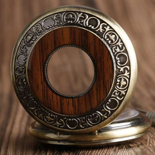 Planet Gates China Wood Circle Skeleton Pocket Watch Men Women Unisex Mechanical Hand-winding Roman numerals Necklace Gift P2012C