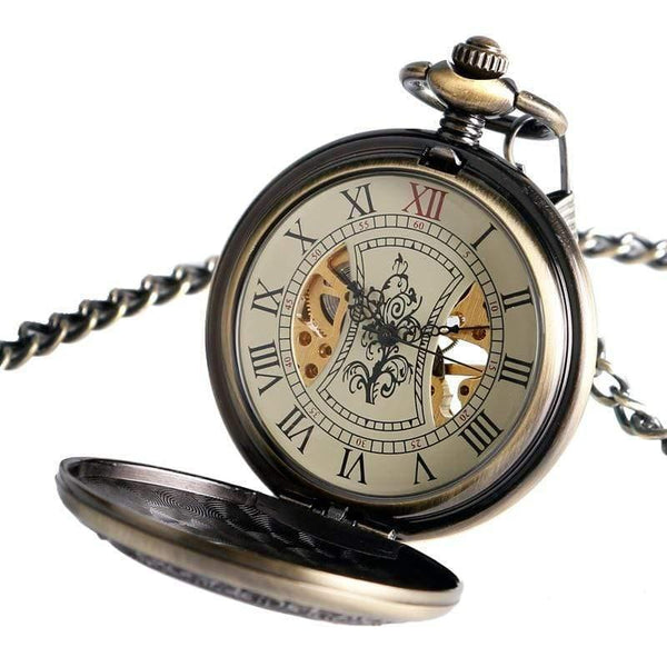 Planet Gates China Wood Circle Skeleton Pocket Watch Men Women Unisex Mechanical Hand-winding Roman numerals Necklace Gift P2012C