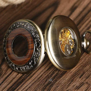 Planet Gates China Wood Circle Skeleton Pocket Watch Men Women Unisex Mechanical Hand-winding Roman numerals Necklace Gift P2012C