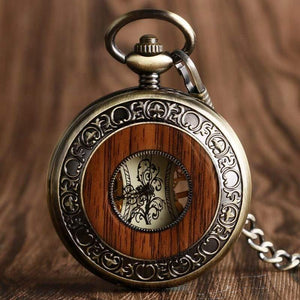 Planet Gates China Wood Circle Skeleton Pocket Watch Men Women Unisex Mechanical Hand-winding Roman numerals Necklace Gift P2012C