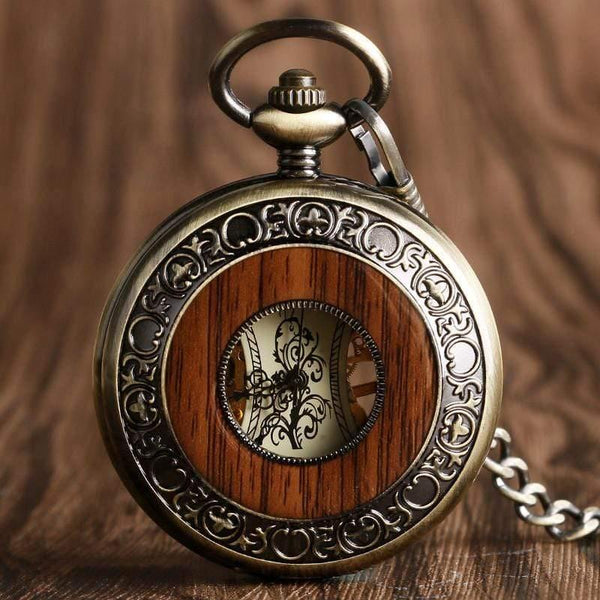 Planet Gates China Wood Circle Skeleton Pocket Watch Men Women Unisex Mechanical Hand-winding Roman numerals Necklace Gift P2012C