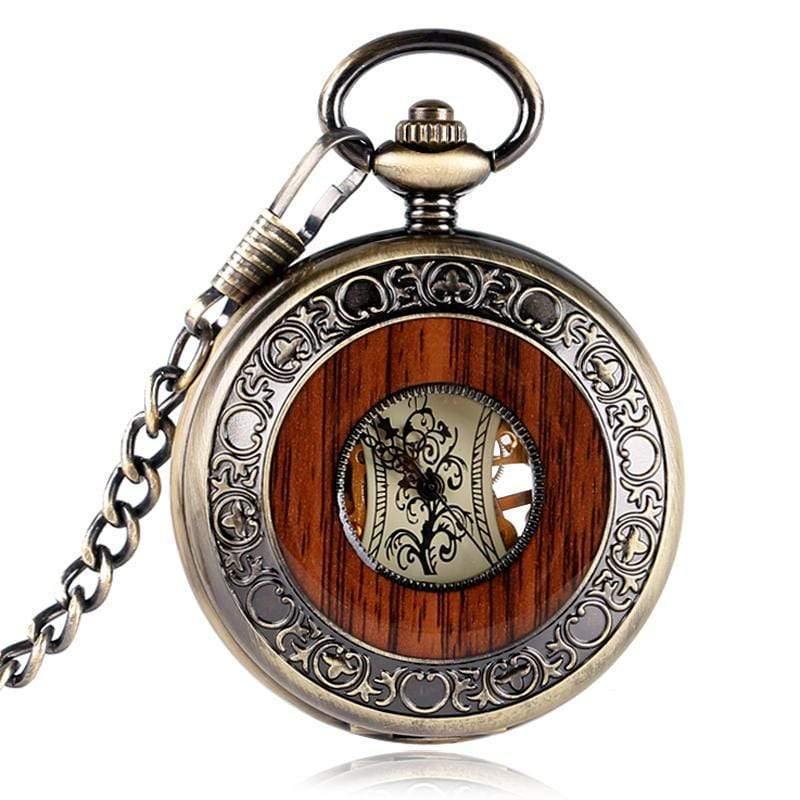 Planet Gates China Wood Circle Skeleton Pocket Watch Men Women Unisex Mechanical Hand-winding Roman numerals Necklace Gift P2012C