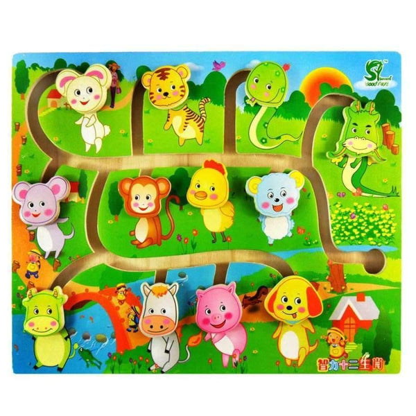 Planet Gates Chinese Zodiac / China Educational Early Learning Slide Puzzle Kids Wooden Toys for Children Labyrinth Puzzle Animal-Body-Match Maze Intelligence W268