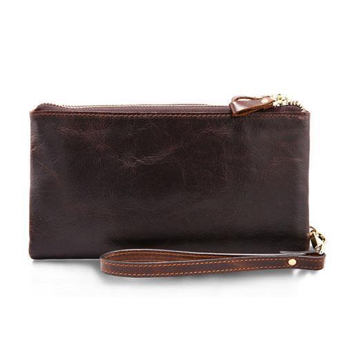 Planet Gates Chocolate / China Casual Men's Purses Double Zipper Clutch Bag Genuine Leather Men Wallets Leather Man Wallet Long Male Wristlet Purse Card