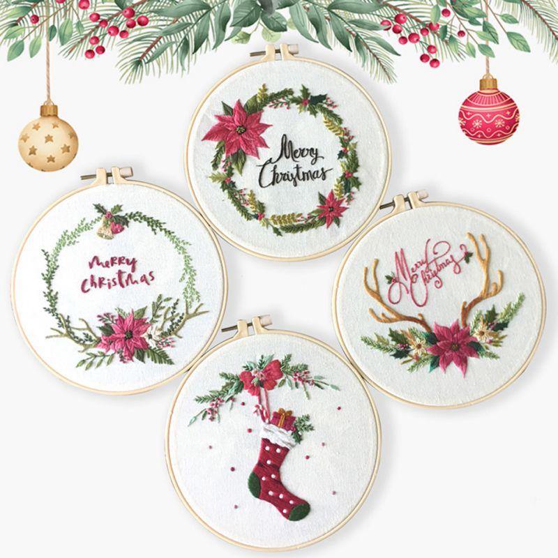 Planet Gates Christmas DIY Embroidery Starter Kit With Xmas Themed Pattern Embroidery Hoop Cotton Linen Cloth Thread Needlework Sewing Craft