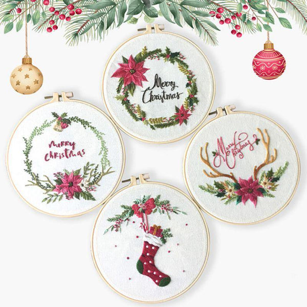Planet Gates Christmas DIY Embroidery Starter Kit With Xmas Themed Pattern Embroidery Hoop Cotton Linen Cloth Thread Needlework Sewing Craft