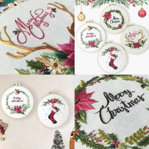 Planet Gates Christmas DIY Embroidery Starter Kit With Xmas Themed Pattern Embroidery Hoop Cotton Linen Cloth Thread Needlework Sewing Craft