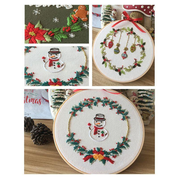 Planet Gates Christmas DIY Embroidery Starter Kit With Xmas Themed Pattern Embroidery Hoop Cotton Linen Cloth Thread Needlework Sewing Craft