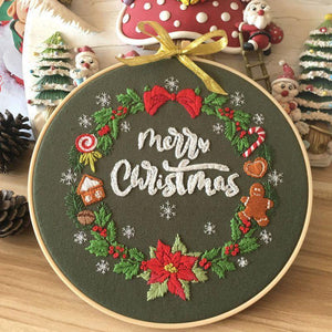 Planet Gates Christmas DIY Embroidery Starter Kit With Xmas Themed Pattern Embroidery Hoop Cotton Linen Cloth Thread Needlework Sewing Craft