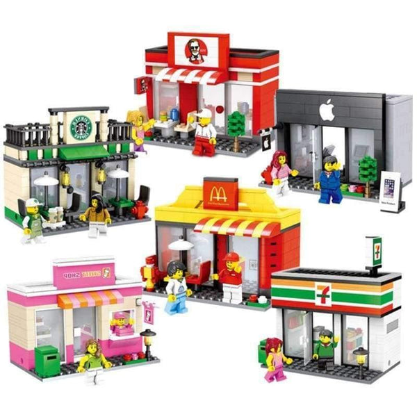 Planet Gates City Series Mini Street Model Store Shop with McDonald`s Coffee Apple house Building Blocks Toys Hotsale Compatible