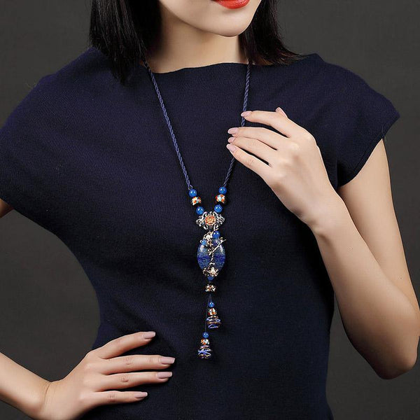 Classic New Lapis Stone Jewelry Women Long Pendant Necklace Vintage Style Clothes Accessories Handmade Necklaces Jewellery