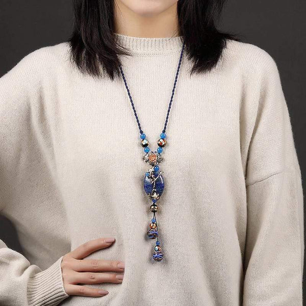 Classic New Lapis Stone Jewelry Women Long Pendant Necklace Vintage Style Clothes Accessories Handmade Necklaces Jewellery