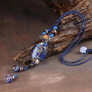 Classic New Lapis Stone Jewelry Women Long Pendant Necklace Vintage Style Clothes Accessories Handmade Necklaces Jewellery