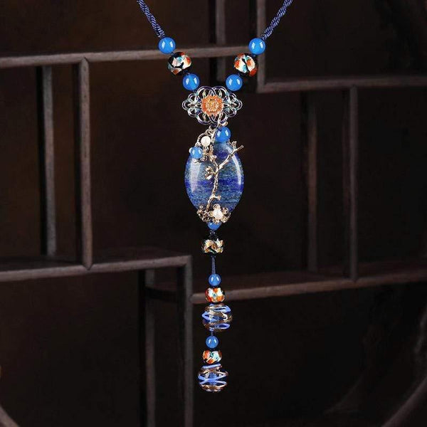 Classic New Lapis Stone Jewelry Women Long Pendant Necklace Vintage Style Clothes Accessories Handmade Necklaces Jewellery