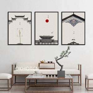 Planet Gates Classical Architecture Lotus Red Sun Wall Art Canvas Painting Posters And Prints Wall Pictures For Living Room