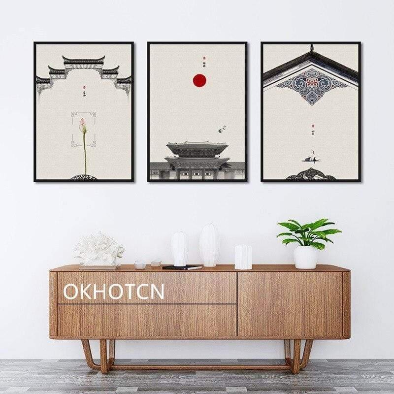 Planet Gates Classical Architecture Lotus Red Sun Wall Art Canvas Painting Posters And Prints Wall Pictures For Living Room