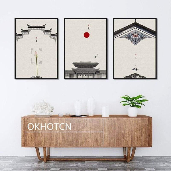 Planet Gates Classical Architecture Lotus Red Sun Wall Art Canvas Painting Posters And Prints Wall Pictures For Living Room