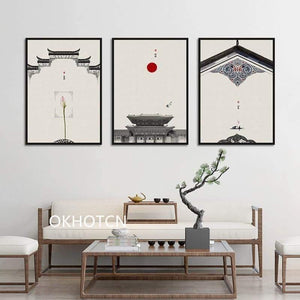 Planet Gates Classical Architecture Lotus Red Sun Wall Art Canvas Painting Posters And Prints Wall Pictures For Living Room