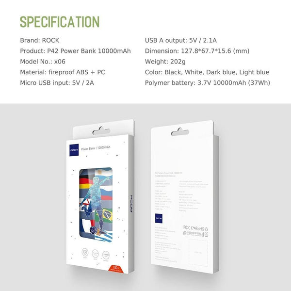 Planet Gates Clearance Sales ROCK Portable10000 mAh Power Bank External Battery for Mobile Phone Power Charger for iPhone Xiaomi Samsung