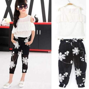 Planet Gates clothing set / 8 Kids Fashion Girls Clothing Sets 2 pcs White Lace Blouse Top & Black Flowers Pants Set for Teenage Girls Clothes Set