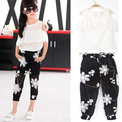 Planet Gates clothing set / 8 Kids Fashion Girls Clothing Sets 2 pcs White Lace Blouse Top & Black Flowers Pants Set for Teenage Girls Clothes Set