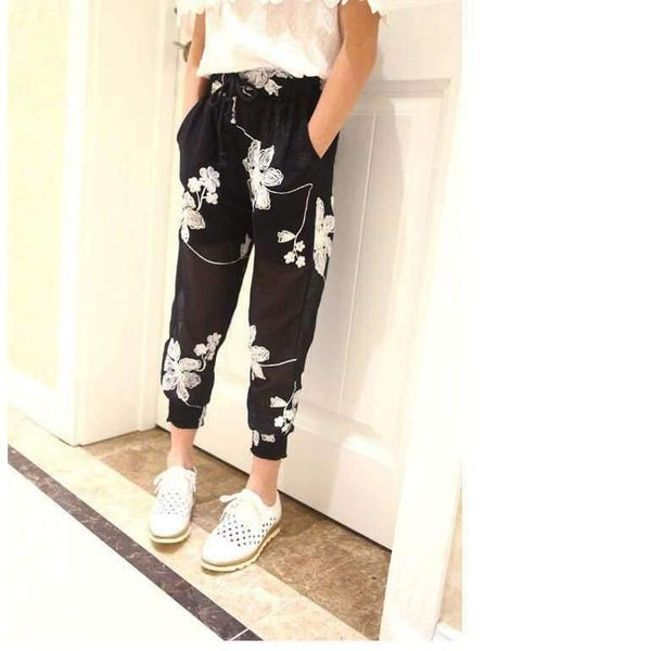 Planet Gates clothing set / 8 Kids Fashion Girls Clothing Sets 2 pcs White Lace Blouse Top & Black Flowers Pants Set for Teenage Girls Clothes Set