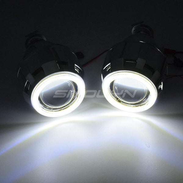 Planet Gates COB LED Angel Devil Eyes Bi xenon Lens Projector Headlight For Car Retrofit DIY W/ Daytime Running Lights 2.5'' H4 H7