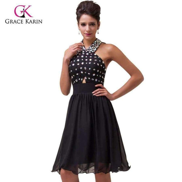 Planet Gates Cocktail Dress 2018 Grace Karin Halter Beaded Black Party Dresses robe de Cocktail Chiffon Short coctail Dress 6018