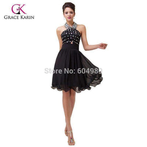 Planet Gates Cocktail Dress 2018 Grace Karin Halter Beaded Black Party Dresses robe de Cocktail Chiffon Short coctail Dress 6018