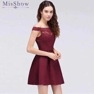 Planet Gates Cocktail Dresses 2018 Simple A-Line Boat Neck lace Satin Women Short Vestidos Sexy Women off shoulder Cocktail Dresses