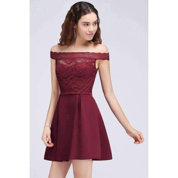 Planet Gates Cocktail Dresses 2018 Simple A-Line Boat Neck lace Satin Women Short Vestidos Sexy Women off shoulder Cocktail Dresses