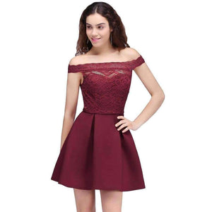 Planet Gates Cocktail Dresses 2018 Simple A-Line Boat Neck lace Satin Women Short Vestidos Sexy Women off shoulder Cocktail Dresses