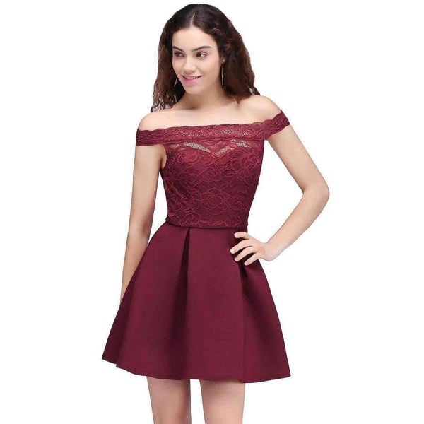Planet Gates Cocktail Dresses 2018 Simple A-Line Boat Neck lace Satin Women Short Vestidos Sexy Women off shoulder Cocktail Dresses