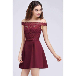 Planet Gates Cocktail Dresses 2018 Simple A-Line Boat Neck lace Satin Women Short Vestidos Sexy Women off shoulder Cocktail Dresses
