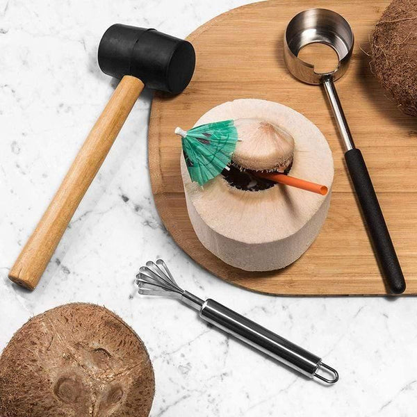 Planet Gates Coconut Opener Tool Set Food Grade 304 Stainless Steel Opener Coconut Meat Tool Wooden Handle Rubber Hammer Easy To Use Durable