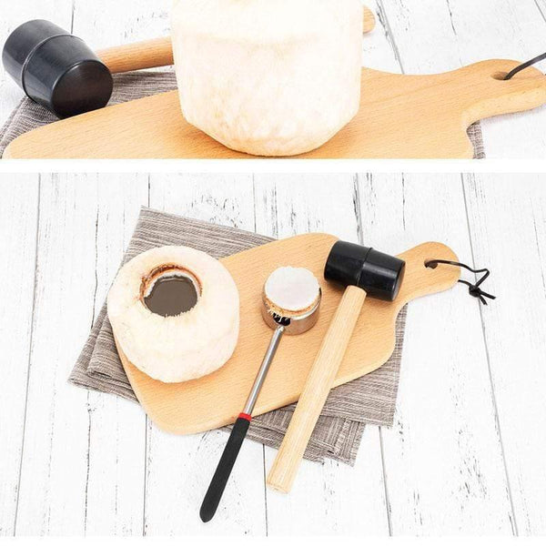 Planet Gates Coconut Opener Tool Set Food Grade 304 Stainless Steel Opener Coconut Meat Tool Wooden Handle Rubber Hammer Easy To Use Durable