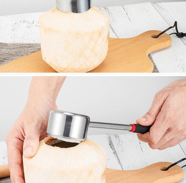 Planet Gates Coconut Opener Tool Set Food Grade 304 Stainless Steel Opener Coconut Meat Tool Wooden Handle Rubber Hammer Easy To Use Durable