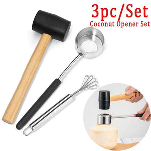 Planet Gates Coconut Opener Tool Set Food Grade 304 Stainless Steel Opener Coconut Meat Tool Wooden Handle Rubber Hammer Easy To Use Durable