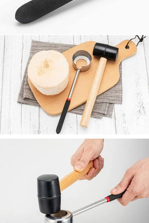 Planet Gates Coconut Opener Tool Set Food Grade 304 Stainless Steel Opener Coconut Meat Tool Wooden Handle Rubber Hammer Easy To Use Durable