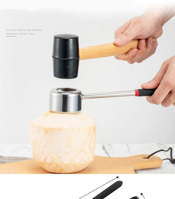 Planet Gates Coconut Opener Tool Set Food Grade 304 Stainless Steel Opener Coconut Meat Tool Wooden Handle Rubber Hammer Easy To Use Durable