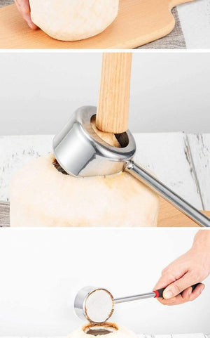 Planet Gates Coconut Opener Tool Set Food Grade 304 Stainless Steel Opener Coconut Meat Tool Wooden Handle Rubber Hammer Easy To Use Durable