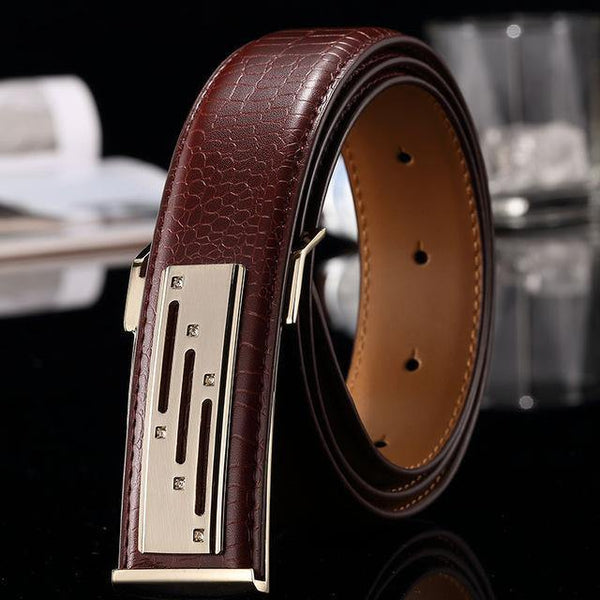 Planet Gates Coffee 1 / 105cm Genuine leather Men's Belt Store Crocodile grain belt Luxury Design alloy metal buckle Business Men belt
