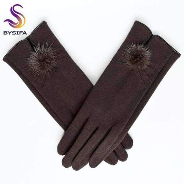 Planet Gates coffee [BYSIFA] Women Mink ball Wool Gloves Fashion Opening Design Winter Ladies Gloves New Trendy Elegant Soft Black Mittens Gloves